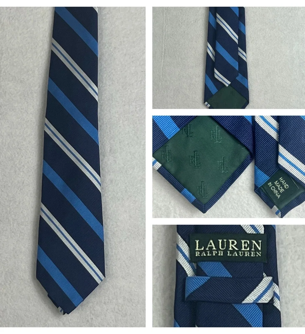 Lauren Ralph Lauren Blue And White Striped 100% Silk Neck Tie Men Ripped